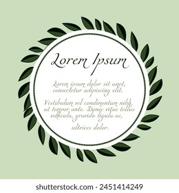Tarjeta o Plantilla de invitación con marco redondo y hojas sobre fondo verde.