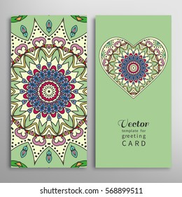 Card or Invitation template set. Decorative ornate heart and seamless geometric floral doodle pattern. Hand drawn design for Wedding, Bridal, Valentine's day, greeting cards or Birthday Invitations.
