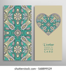 Card or Invitation template set. Decorative ornate heart and seamless geometric floral doodle pattern. Hand drawn design for Wedding, Bridal, Valentine's day, greeting cards or Birthday Invitations.