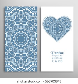 Card or Invitation template set. Decorative ornate heart and seamless geometric floral doodle pattern. Hand drawn design for Wedding, Bridal, Valentine's day, greeting cards or Birthday Invitations.