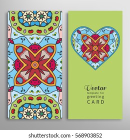 Card or Invitation template set. Decorative ornate heart and seamless geometric floral doodle pattern. Hand drawn design for Wedding, Bridal, Valentine's day, greeting cards or Birthday Invitations.