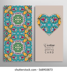 Card or Invitation template set. Decorative ornate heart and seamless geometric floral doodle pattern. Hand drawn design for Wedding, Bridal, Valentine's day, greeting cards or Birthday Invitations.