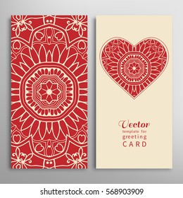 Card or Invitation template set. Decorative ornate heart and seamless geometric floral doodle pattern. Hand drawn design for Wedding, Bridal, Valentine's day, greeting cards or Birthday Invitations.