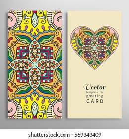 Card or Invitation template set. Decorative ornate heart and seamless geometric floral doodle pattern. Hand drawn design for Wedding, Bridal, Valentine's day, greeting cards or Birthday Invitations.