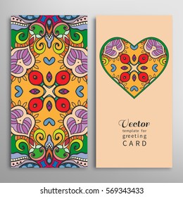 Card or Invitation template set. Decorative ornate heart and seamless geometric floral doodle pattern. Hand drawn design for Wedding, Bridal, Valentine's day, greeting cards or Birthday Invitations.