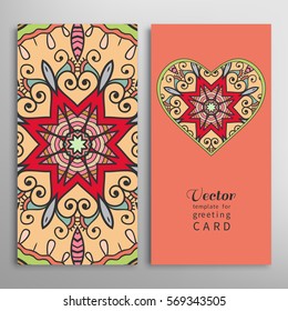 Card or Invitation template set. Decorative ornate heart and seamless geometric floral doodle pattern. Hand drawn design for Wedding, Bridal, Valentine's day, greeting cards or Birthday Invitations.