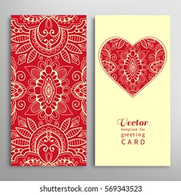 Card or Invitation template set. Decorative ornate heart and seamless geometric floral doodle pattern. Hand drawn design for Wedding, Bridal, Valentine's day, greeting cards or Birthday Invitations.