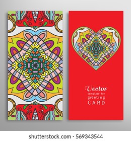 Card or Invitation template set. Decorative ornate heart and seamless geometric floral doodle pattern. Hand drawn design for Wedding, Bridal, Valentine's day, greeting cards or Birthday Invitations.