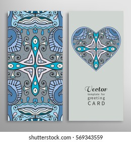 Card or Invitation template set. Decorative ornate heart and seamless geometric floral doodle pattern. Hand drawn design for Wedding, Bridal, Valentine's day, greeting cards or Birthday Invitations.