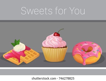 Card invitation template with sweets and desserts, cartoon vector illustration, yummy delicious cupcake with cream, doughnut and waffles with marmelade.