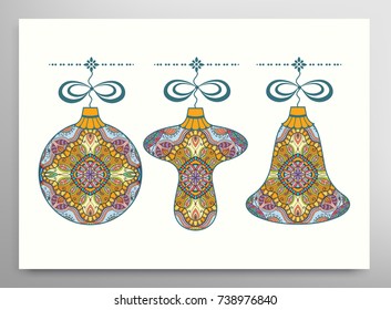 Card or Invitation template. Winter Holidays and Celebrations concept. Happy New Year design. Ball, bell, mushroom toys for Christmas tree decoration, isolated elements