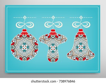 Card or Invitation template. Winter Holidays and Celebrations concept. Happy New Year design. Ball, bell, mushroom toys for Christmas tree decoration, isolated elements