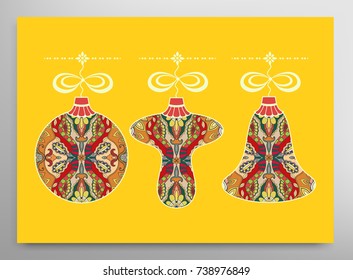 Card or Invitation template. Winter Holidays and Celebrations concept. Happy New Year design. Ball, bell, mushroom toys for Christmas tree decoration, isolated elements