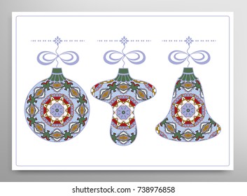 Card or Invitation template. Winter Holidays and Celebrations concept. Happy New Year design. Ball, bell, mushroom toys for Christmas tree decoration, isolated elements