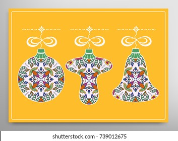 Card or Invitation template. Winter Holidays and Celebrations concept. Happy New Year design. Ball, bell, mushroom toys for Christmas tree decoration, isolated elements