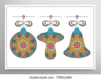 Card or Invitation template. Winter Holidays and Celebrations concept. Happy New Year design. Ball, bell, mushroom toys for Christmas tree decoration, isolated elements