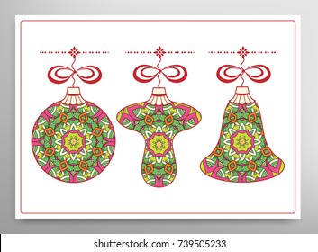 Card or Invitation template. Winter Holidays and Celebrations concept. Happy New Year design. Ball, bell, mushroom toys for Christmas tree decoration, isolated elements