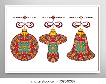Card or Invitation template. Winter Holidays and Celebrations concept. Happy New Year design. Ball, bell, mushroom toys for Christmas tree decoration, isolated elements