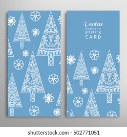 Card or Invitation template with winter pattern. Hand drawn Christmas trees and snowflakes. Doodle sketch vector illustration