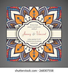 Card or invitation. Vintage decorative elements. Hand drawn background. Islam, Arabic, Indian, ottoman motifs.