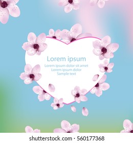 Card invitation wedding with cherry flower and heart. Happy valentines day. Vector illustration.