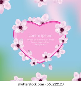 Card invitation wedding with cherry flower and heart. Happy valentines day. Vector illustration.