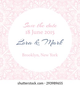 Card or invitation for wedding. Vintage decorative lace elements. Hand drawn background. Save the date.