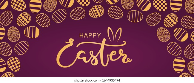 Card, invite, banner design with bunny ears, eggs with patterns, text Happy Easter. Gold on purple background. Vector illustration. Concept for holiday celebration decor element. Flat style.