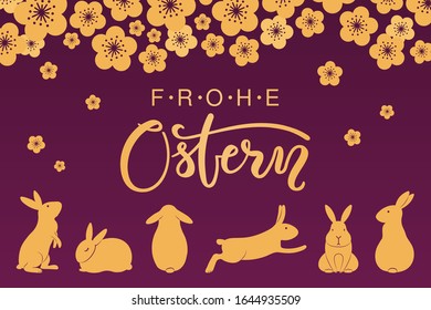 Card, invite, banner design with cute rabbits, spring flowers, German text Frohe Ostern, Happy Easter. Gold on purple background. Vector illustration. Concept for holiday decor element. Flat style.