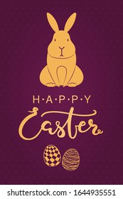 Card, invite, banner design with cute rabbit, eggs with patterns, text Happy Easter. Gold on purple background. Vector illustration. Concept for holiday celebration decor element. Flat style.