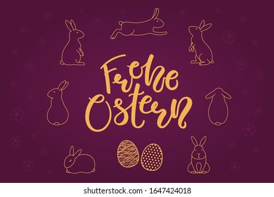 Card, invite, banner design with cute rabbits, eggs, German text Frohe Ostern, Happy Easter. Gold on purple background. Vector illustration. Concept for holiday celebration decor element. Line drawing