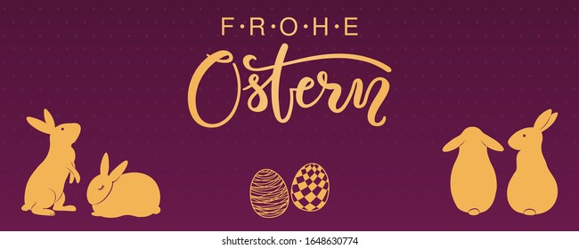 Card, invite, banner design with cute rabbits, eggs, German text Frohe Ostern, Happy Easter. Gold on purple background. Vector illustration. Concept for holiday celebration decor element. Flat style.