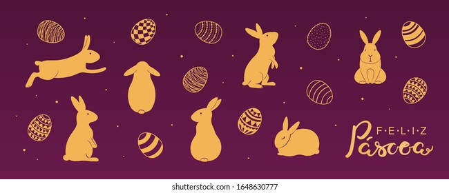 Card, invite, banner design with cute rabbits, eggs, Portuguese text Feliz Pascoa, Happy Easter. Gold on purple background. Vector illustration. Concept holiday celebration decor element. Flat style.