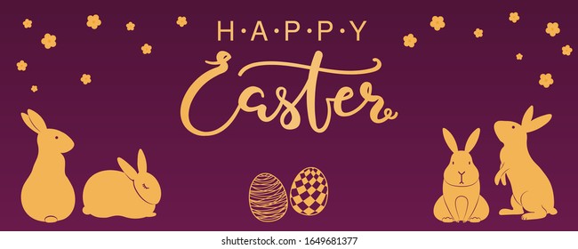 Card, invite, banner design with cute rabbits, eggs with patterns, flowers, text Happy Easter. Gold on purple background. Vector illustration. Concept for holiday celebration decor element. Flat style