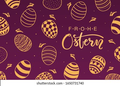 Card, invite, banner design with cute rabbits, eggs, German text Frohe Ostern, Happy Easter. Gold on purple background. Vector illustration. Concept for holiday celebration decor element. Flat style.