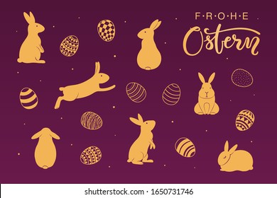 Card, invite, banner design with cute rabbits, eggs, German text Frohe Ostern, Happy Easter. Gold on purple background. Vector illustration. Concept for holiday celebration decor element. Flat style.