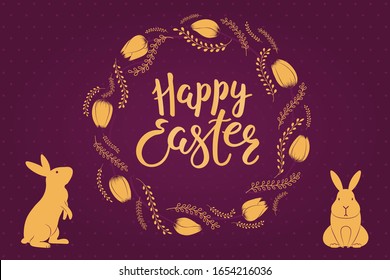 Tarjeta, invitación, diseño de banner con conejos lindos, corona de tulipanes, texto Feliz Pascua. Oro sobre fondo morado. Ilustración vectorial. Concepto de decoración de celebraciones de vacaciones. Estilo plano.