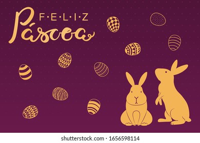 Card, invite, banner design with cute rabbits, eggs, Portuguese text Feliz Pascoa, Happy Easter. Gold on purple background. Vector illustration. Concept holiday celebration decor element. Flat style.