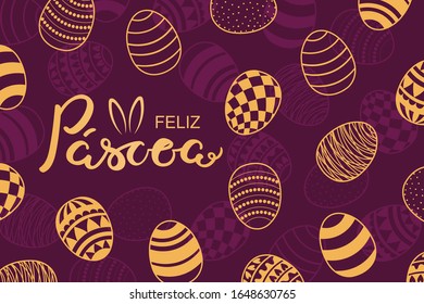 Card, invite, banner design with different eggs with patterns, Portuguese text Feliz Pascoa, Happy Easter. Gold on purple background. Vector illustration. Concept holiday celebration decor. Flat style