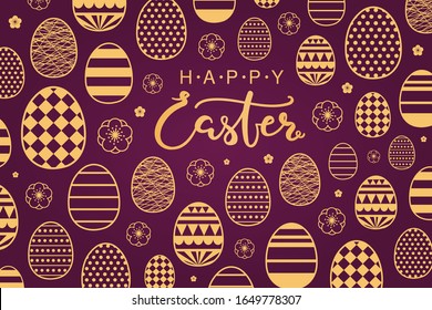 Card, invite, banner design with different eggs with patterns, flowers, text Happy Easter. Gold on purple background. Vector illustration. Concept for holiday celebration decor element. Flat style.