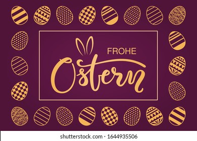 Karte, Einladung, Banner-Design mit Eiern, sonnige Ohren, deutscher Text Frohe Ostern, Frohe Ostern. Gold auf violettem Hintergrund. Vektorillustration. Konzept für Feierlichkeiten Dekor Element. Flacher Stil.