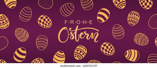 Card, invite, banner design with eggs with patterns, German text Frohe Ostern, Happy Easter. Gold on purple background. Vector illustration. Concept for holiday celebration decor element. Flat style.