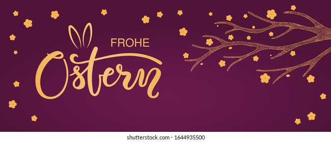 Card, invite, banner design with flowers, German text Frohe Ostern, Happy Easter, bunny ears. Gold on purple background. Vector illustration. Concept for holiday celebration decor element. Flat style.