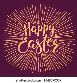 Card, invite, banner design with shining sun rays, text Happy Easter. Gold on purple background. Hand drawn vector illustration. Concept for holiday celebration decor element. Flat style.