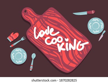 Card, invite. Cooking school, culinary classes, studio, logo, utensils, knife masterchef. Lettering, calligraphy logo, sketch style, welcome. Hand drawn vector illustration. Hand drawing Love cooking