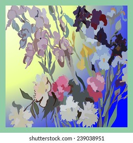 Card with irises and peonies in a gradient background.  Sketch from life, handmade.