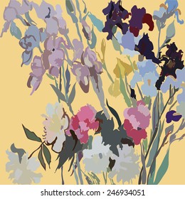 Card with irises and peonies  in a light  background.  Sketch from life, hand drawn.