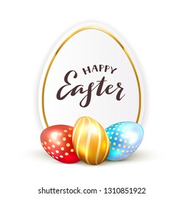 Card isolated on white background with three Easter eggs and lettering Happy Easter, illustration.