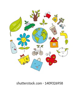Card with isolated vector eco elements in doodle style. Can be used for icon, sticker, labels, decoration texts, postcards, banners, posters, invitations, blogs, websites. Go green!