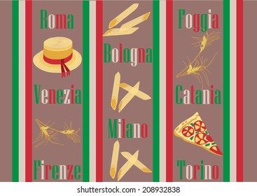 Card with italian objects and italian cities